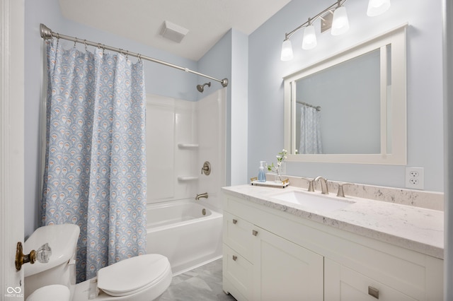 full bath with visible vents, shower / bathtub combination with curtain, toilet, and vanity