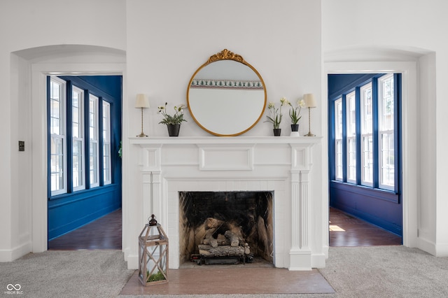 carpeted living area with a fireplace with flush hearth