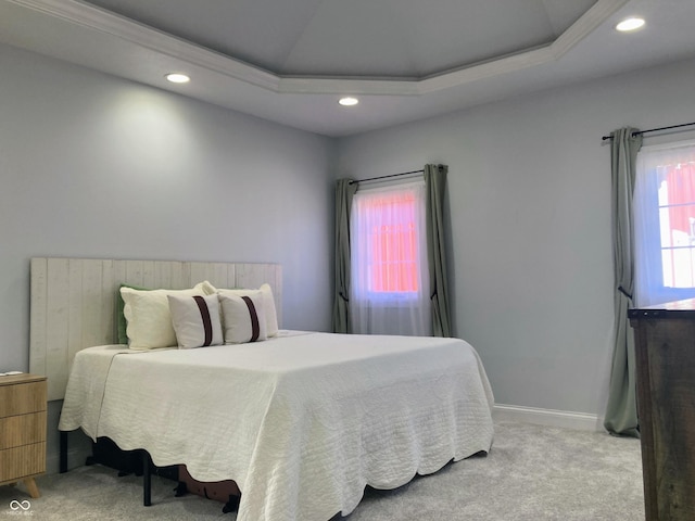 bedroom with baseboards, a raised ceiling, and carpet