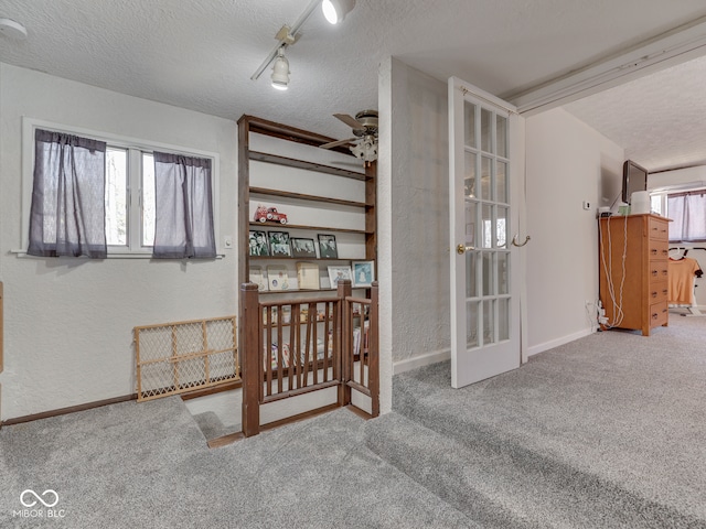 interior space featuring a wealth of natural light, carpet floors, and a textured ceiling