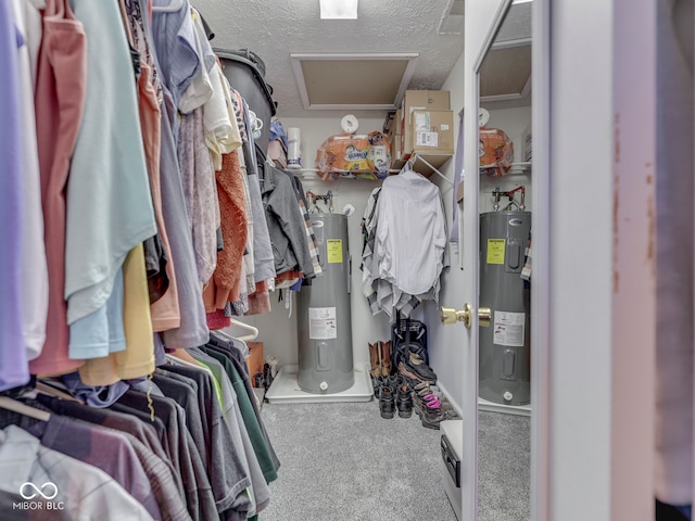 spacious closet with carpet flooring, attic access, and water heater