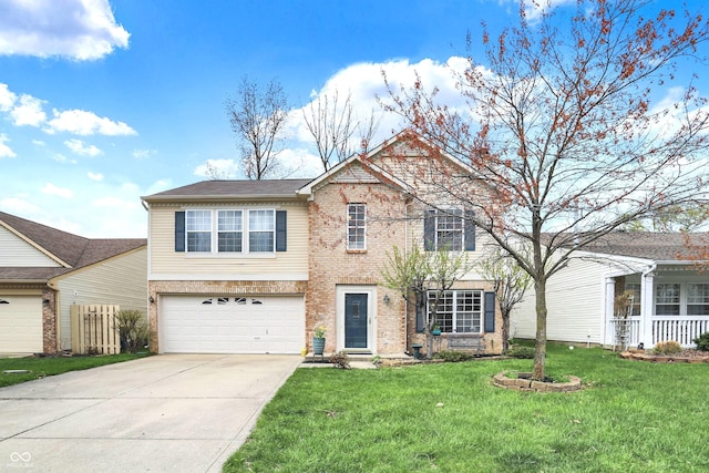 traditional-style house featuring a front yard, fence, brick siding, an attached garage, and driveway
