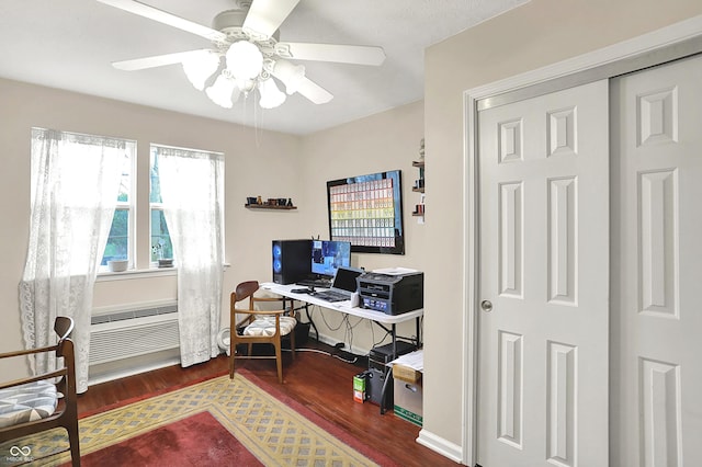 office space with ceiling fan and wood finished floors