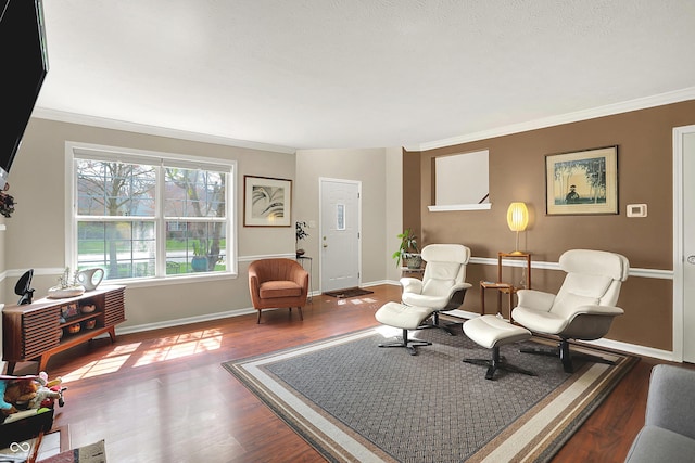 living area with wood finished floors and ornamental molding