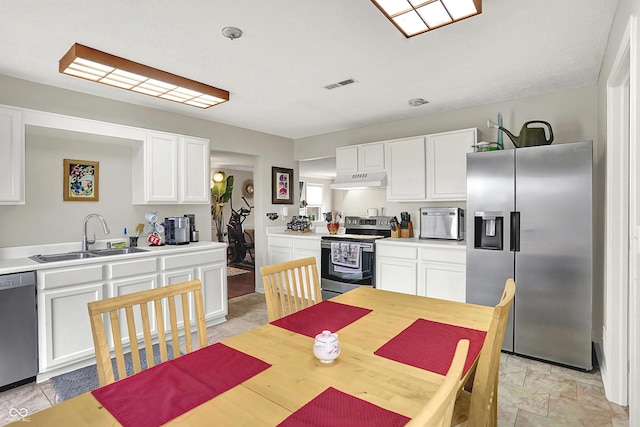 kitchen with white cabinetry, visible vents, under cabinet range hood, a sink, and stainless steel appliances