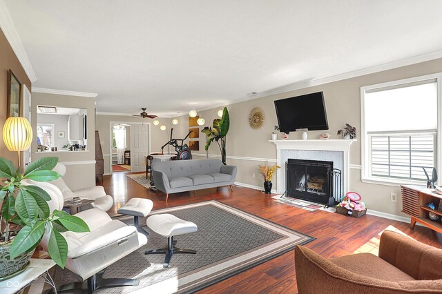 living area featuring a fireplace with flush hearth, ornamental molding, a ceiling fan, wood finished floors, and baseboards