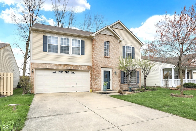 view of front facade featuring a front yard, brick siding, driveway, and an attached garage