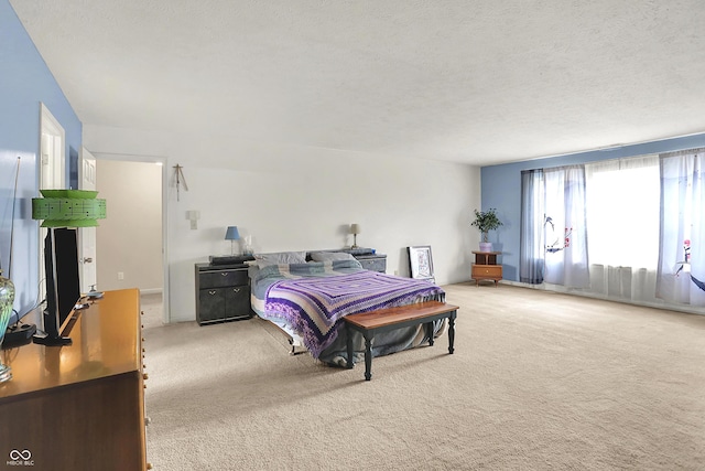 bedroom featuring a textured ceiling and carpet