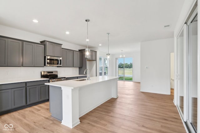 kitchen with visible vents, a kitchen island with sink, a sink, stainless steel appliances, and light wood finished floors