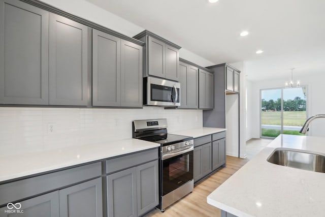 kitchen with light wood-style flooring, gray cabinetry, a sink, appliances with stainless steel finishes, and backsplash