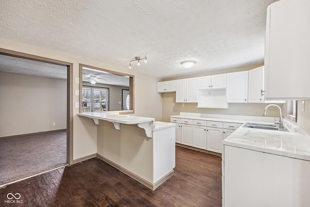 kitchen featuring a sink, a textured ceiling, a peninsula, and dark wood-style floors