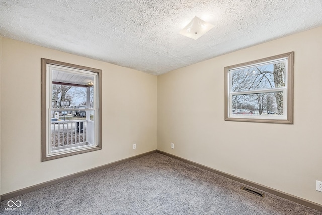 carpeted spare room with visible vents, plenty of natural light, a textured ceiling, and baseboards