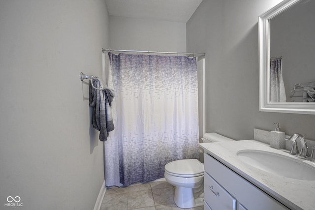 full bathroom with vanity, curtained shower, toilet, and tile patterned flooring