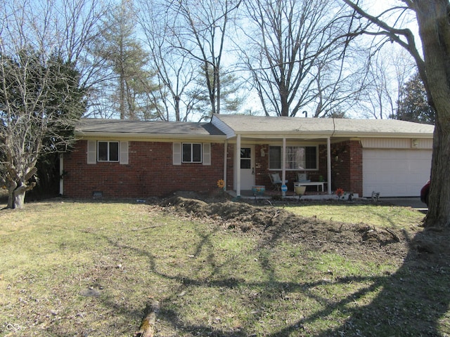 ranch-style house with brick siding, a front lawn, covered porch, crawl space, and an attached garage