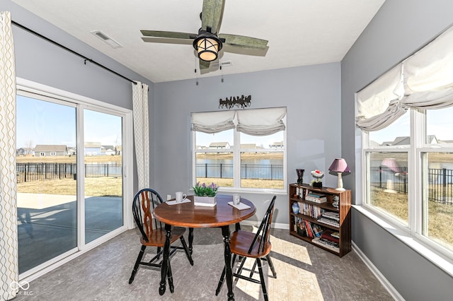 dining room featuring visible vents, baseboards, ceiling fan, and a water view