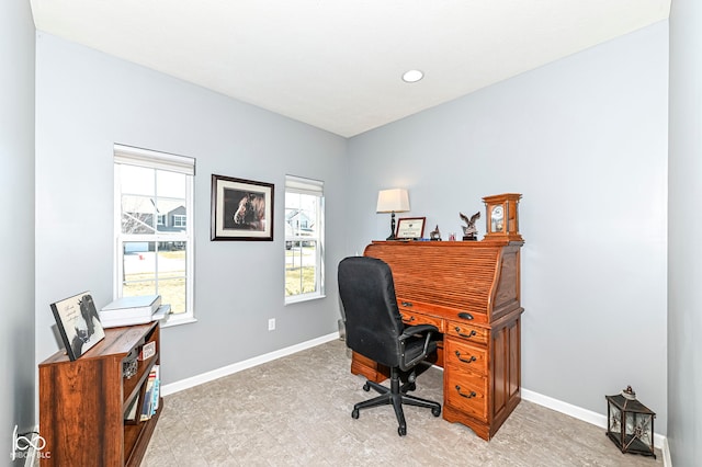 home office with recessed lighting and baseboards