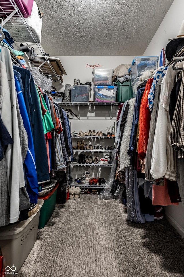 walk in closet with carpet