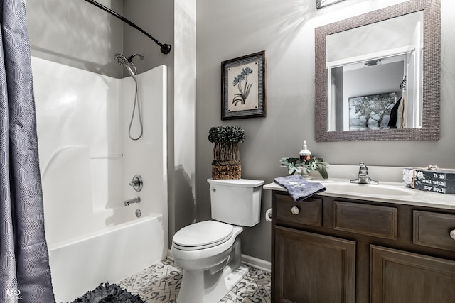 bathroom featuring shower / bath combination with curtain, toilet, and vanity