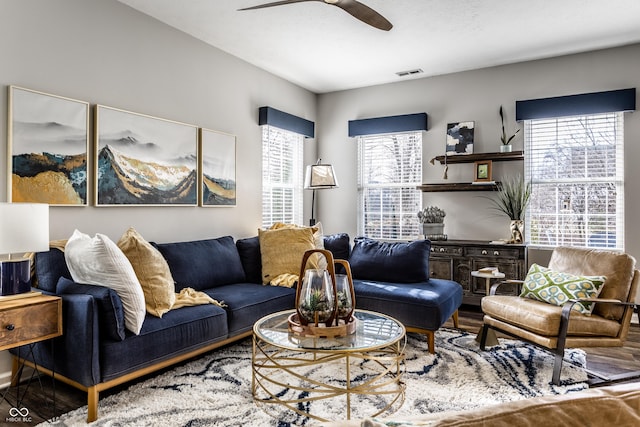 living area featuring a wealth of natural light, visible vents, ceiling fan, and wood finished floors