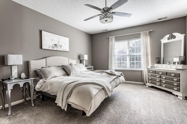 carpeted bedroom featuring visible vents, baseboards, a textured ceiling, and ceiling fan