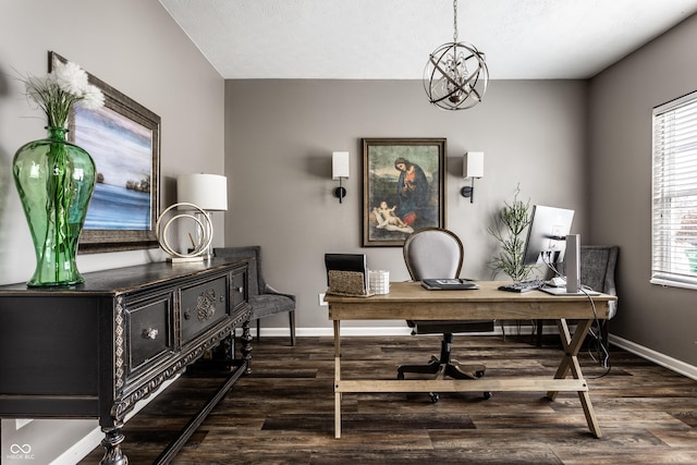 office featuring wood finished floors, baseboards, and a chandelier