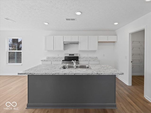 kitchen with visible vents, under cabinet range hood, a sink, white cabinetry, and stainless steel range with electric cooktop