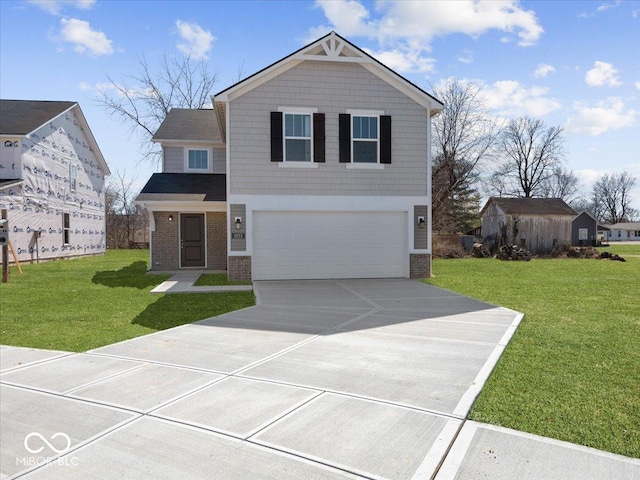 view of front of home with brick siding, driveway, an attached garage, and a front yard