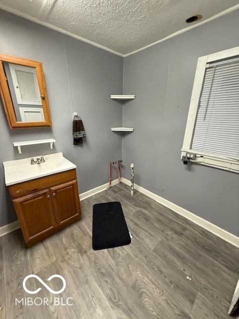 bathroom featuring baseboards, a textured ceiling, wood finished floors, and vanity