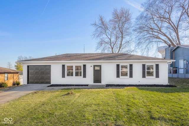 single story home with a front lawn, concrete driveway, an attached garage, brick siding, and a chimney