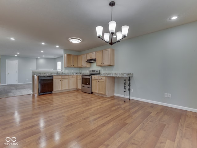 kitchen featuring light brown cabinets, under cabinet range hood, open floor plan, stainless steel electric range oven, and dishwasher