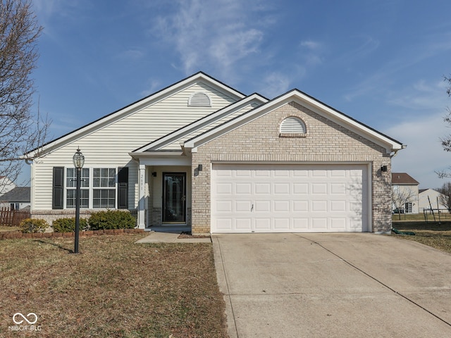 ranch-style house with brick siding, driveway, a garage, and fence