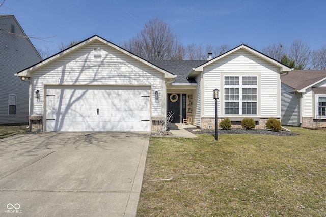 ranch-style home with a garage, concrete driveway, and a front yard