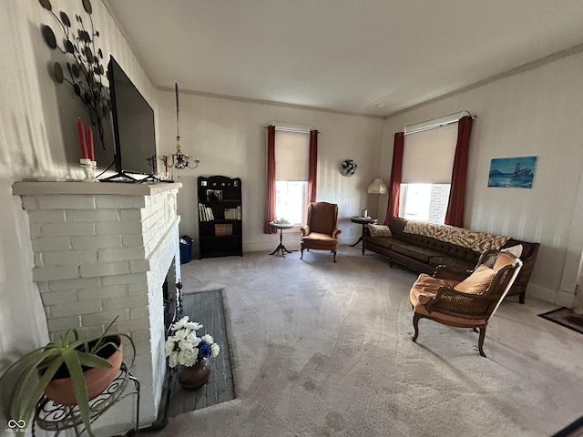 living room with a brick fireplace and carpet