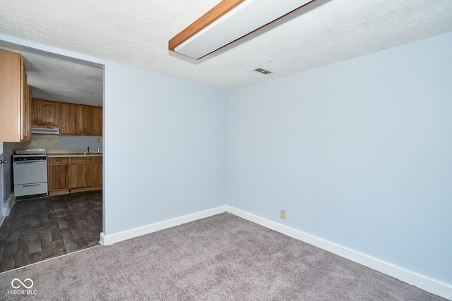 unfurnished room with visible vents, a sink, a textured ceiling, dark carpet, and baseboards