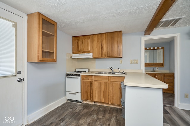 kitchen featuring visible vents, under cabinet range hood, white gas range oven, a peninsula, and a sink