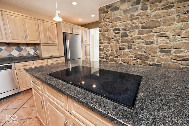 kitchen featuring light tile patterned floors, light brown cabinets, recessed lighting, and stainless steel appliances