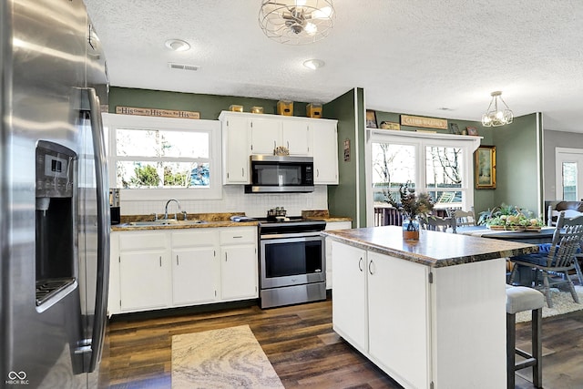 kitchen featuring a sink, dark wood-style floors, a healthy amount of sunlight, and stainless steel appliances