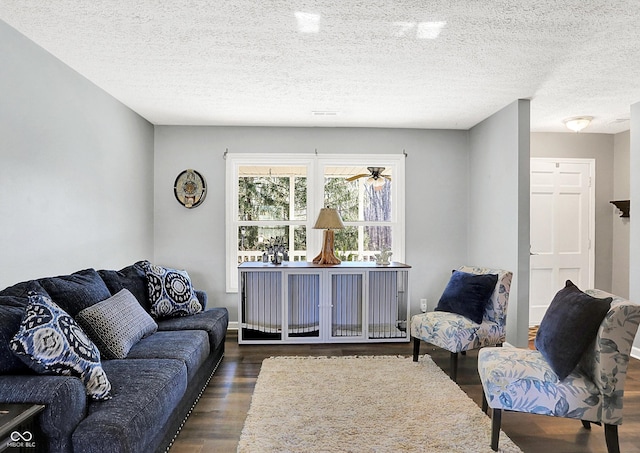 living room featuring dark wood-style floors and a textured ceiling