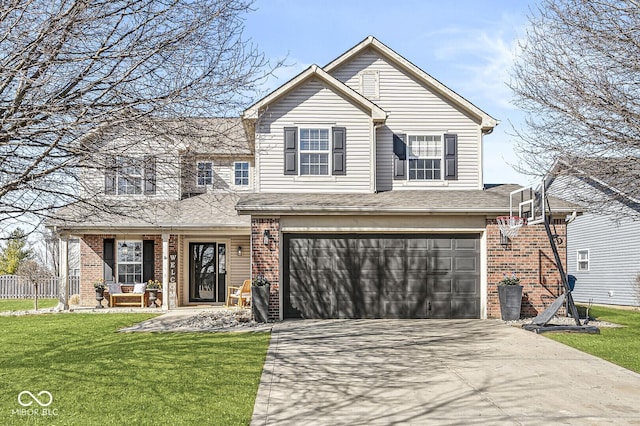 traditional-style home with a front lawn, an attached garage, brick siding, and driveway