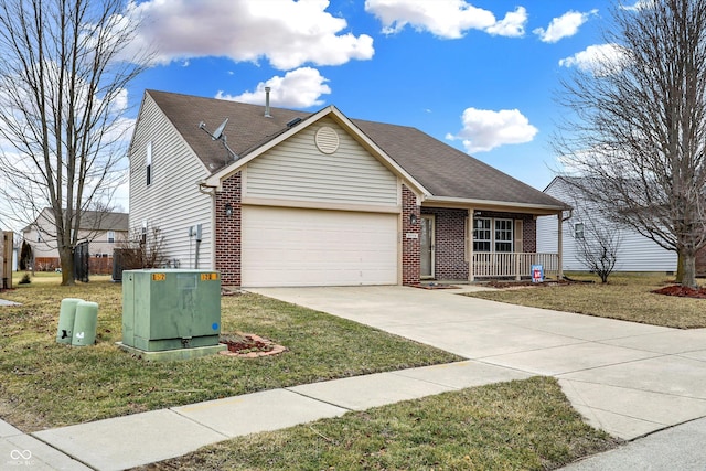 ranch-style home featuring brick siding, covered porch, driveway, and a garage