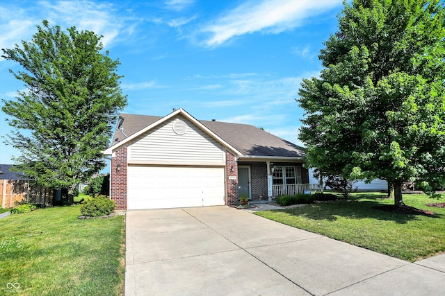 single story home with brick siding, driveway, an attached garage, and a front lawn