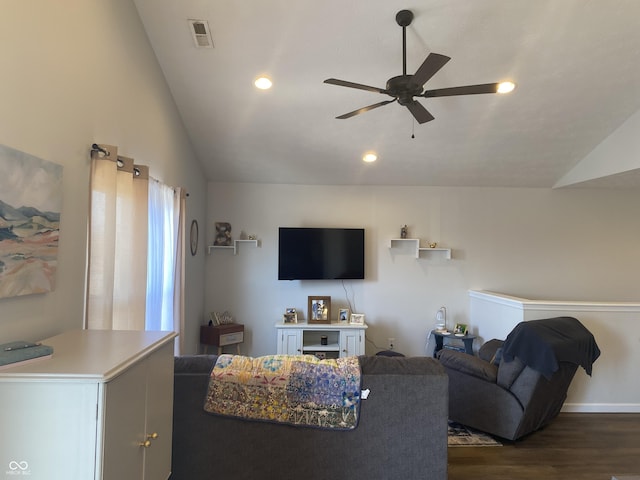 living area with visible vents, dark wood finished floors, vaulted ceiling, recessed lighting, and a ceiling fan