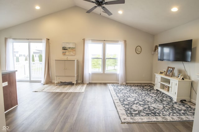 12145 Bubbling Brook Dr Unit 600, Fishers, IN 46038 - living area featuring a ceiling fan, wood finished floors, baseboards, recessed lighting, and high vaulted ceiling