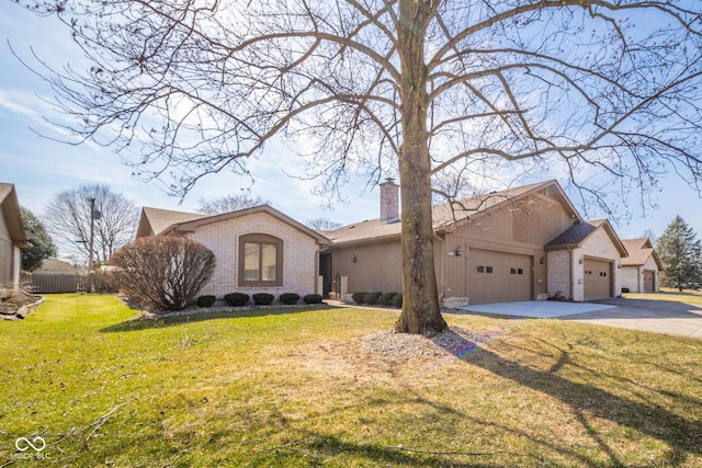 ranch-style house featuring brick siding, a front lawn, a chimney, driveway, and an attached garage