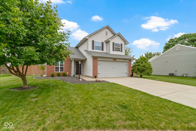 12612 Clearview Ln, Indianapolis, IN 46236 - traditional-style house featuring brick siding, a garage, driveway, a shingled roof, and central AC unit