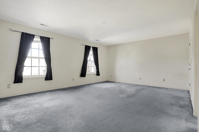 carpeted spare room featuring visible vents, a healthy amount of sunlight, and a textured ceiling