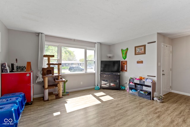 living area with baseboards and wood finished floors