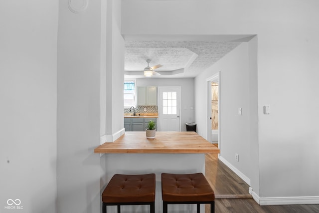 dining room featuring a tray ceiling, baseboards, dark wood-type flooring, and a ceiling fan