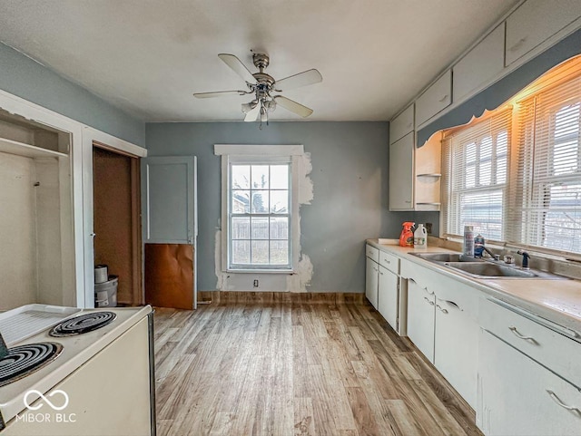 kitchen featuring electric range, a healthy amount of sunlight, light wood-style floors, and a sink