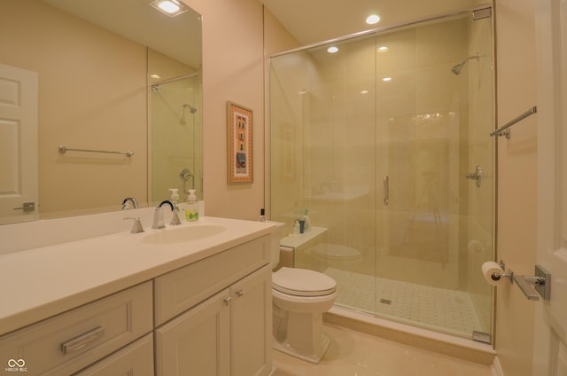 full bath featuring toilet, a stall shower, tile patterned flooring, and vanity